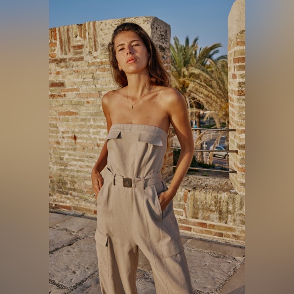 Zara cargo jumpsuit wide leg sleeveless tan belted - Picture 5 of 8